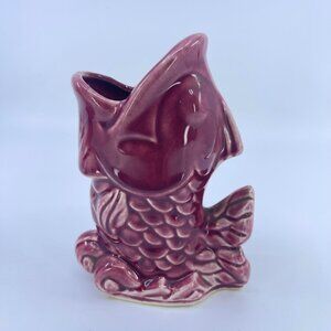 vintage shawnee pottery koi fish bud vase burgundy glaze textured 5" tall